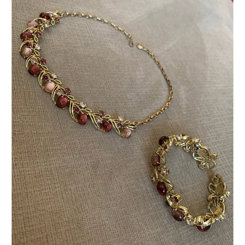 Vintage Coro Necklace, Bracelet & Earrings Set, Saphirine Cabochons, Adolph Kat